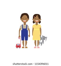 african boy girl sister brother with toys full length avatar on white background, successful family concept, flat cartoon vector illustration