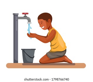 African boy happy drink water. help child from water crisis in africa symbol concept in cartoon illustration vector on white background