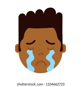 african boy head emoji personage icon with facial emotions, avatar character, man crying face with different male emotions concept. flat design.