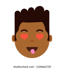 african boy head emoji personage icon with facial emotions, avatar character, man heart in eyes face with different male emotions concept. flat design.