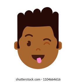 african boy head emoji personage icon with facial emotions, avatar character, man show tongue face with different male emotions concept. flat design.