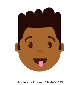 african boy head emoji personage icon with facial emotions, avatar character, man show tongue face with different male emotions concept. flat design.
