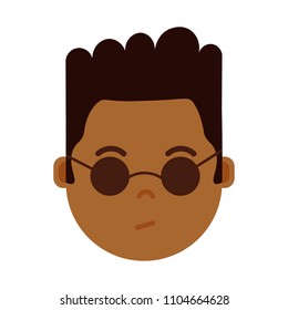 african boy head emoji personage icon with facial emotions, avatar character, man in glasses face with different male emotions concept. flat design.