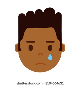 african boy head emoji personage icon with facial emotions, avatar character, man crying face with different male emotions concept. flat design.