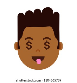 african boy head emoji personage icon with facial emotions, avatar character, man dollar face with different male emotions concept. flat design.