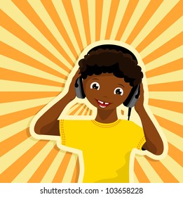 african boy with headphones listening to music - vector illustration