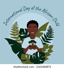 African boy holds baobab. Celebration of International day of African Child on the 16th of June. Vector illustration