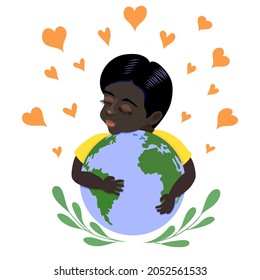 african boy hugging planet Earth with tender love