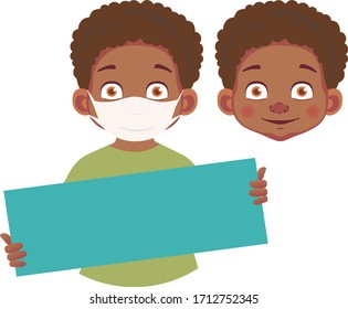 African boy in mask holding blank poster