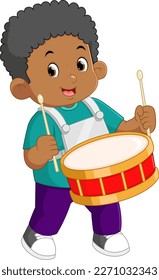 an African boy passionately plays the red drum musical instrument of illustration