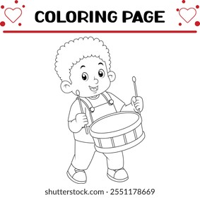 african boy passionately plays red drum musical instrument coloring page for kids