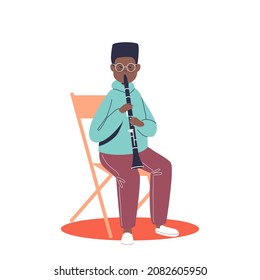 African boy playing flute. Small kid play classical music. Children orchestra and musical education or hobby concept. Cartoon flat vector illustration