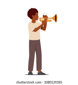 African Boy Playing on Trumpet Perform Concert, Blow Musician Composition. Kid Character Playing Jazz, Music Entertainment or Training Isolated on White Background. Cartoon People Vector Illustration