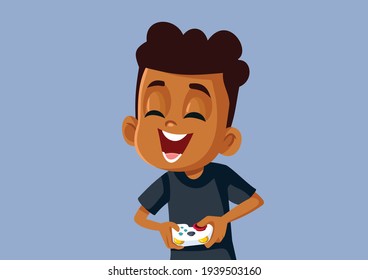 African Boy Playing Video Game Having Fun. Joyful Gamer kid having fun in the console videogame
