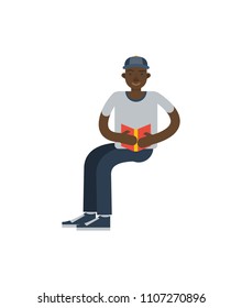African boy reading book icon. Literature concept, bookstore advertising, knowledge and education vector illustration in flat style.