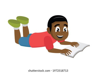 African Boy reading book, lying down on white background.