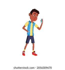 african boy reading message on smartphone cartoon vector. african boy reading message on smartphone character. isolated flat cartoon illustration
