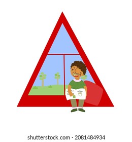 African boy reads a fascinating book. It sits on a triangular red window. The illustration is suitable for text. Flat style.