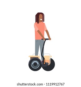 african boy riding gyroscooter over white background. gyroboard concept. cartoon full length character. flat style vector illustration