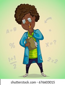 African boy scientist makes notes. Cartoon character. Vector illustration