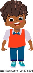African boy smiling in a bow tie, red vest and jeans