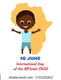 African boy smiling happily against the background of the map of the continent of Africa. Poster for International Day of the African Child.