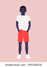 An African boy is standing in a summer clothes. The schoolboy during the holidays. Vector flat illustration