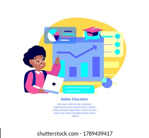 African Boy Student Planning School Timetable.Plans,Schedule Education.Online Digital Lesson Tutorial Education For Child.Pupil In Laptop. Student Study.Home Internet Learning.Vector Flat Illustration