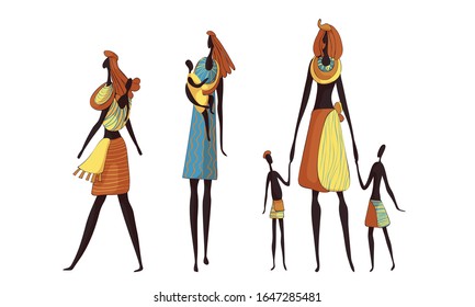 African Braided Woman Wearing Tribal Clothing Carrying Child in Shoulder Cloth Vector Set