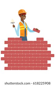 African bricklayer in uniform and hard hat. Bicklayer working with spatula and brick on construction site. Bricklayer building brick wall. Vector flat design illustration isolated on white background.