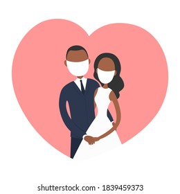 African bride and bridegroom in face masks. Vector illustration.