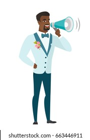 African bridegroom with a loudspeaker making an announcement. Full length of bridegroom making an announcement through a loudspeaker. Vector flat design illustration isolated on white background.