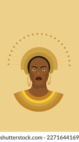 African Brown skinned Queen wearing a gold headdress. Black skinned women. Women's Month Vector Art. Wearing gold  accessories. A close up view. Portrait, Beautiful, Kingdom