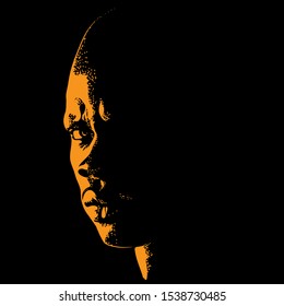 African Brutal Bald Man portrait silhouette in contrast backlight. Vector.