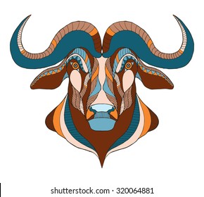 African buffalo head zentangle stylized, vector, illustration, freehand pencil, hand drawn, pattern. Print for t-shirts, mobile cover design.