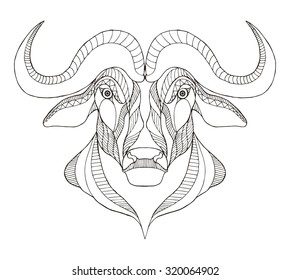African buffalo head zentangle stylized, vector, illustration, freehand pencil, hand drawn, pattern. Print for t-shirts, mobile cover design.