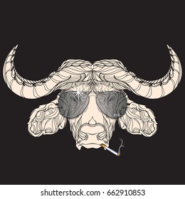 African buffalo ornament head with fashion aviator sunglasses and cigarette, freehand pencil, hand drawn, vector illustration isolated on dark background