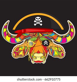 African buffalo ornament head with gold monocle and pirate clothes, freehand pencil, hand drawn, vector illustration isolated on dark background
