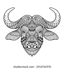 African buffalo. Patterned head bull, bison. Style zentangle. Monochrome tribal ornament painted by hand. Series ethnic animal. African, indian design. May be used for design of a t-shirt. Logo. Icon