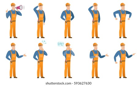 African builder with arm out in a welcoming gesture. Full length of welcoming young builder. Builder doing a welcome gesture. Set of vector flat design illustrations isolated on white background.