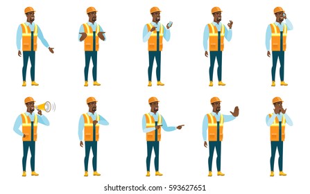 African builder holding mobile phone and pointing at it. Full length of builder with mobile phone. Builder using mobile phone. Set of vector flat design illustrations isolated on white background.