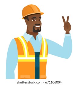 African builder showing the victory gesture. Builder in hard hat showing the victory sign with two fingers. Builder with victory gesture. Vector flat design illustration isolated on white background.