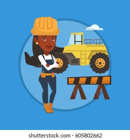 African builder standing with arms crossed. Builder in hard hat standing on the background of construction site or road works. Vector flat design illustration in the circle isolated on background.