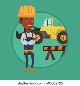 African builder standing with arms crossed. Builder in hard hat standing on the background of construction site or road works. Vector flat design illustration in the circle isolated on background.