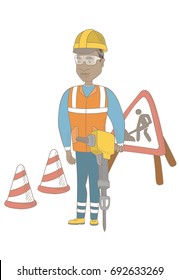 African builder worker working with pneumatic hammer drill equipment at construction site. Young builder using a pneumatic hammer. Vector sketch cartoon illustration isolated on white background.
