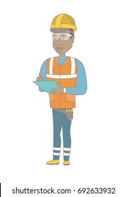 African building inspector making some notes in clipboard. Full length of young building inspector in uniform and hard hat at work. Vector sketch cartoon illustration isolated on white background.