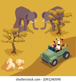 African Bush Elephant Walking Along Safari Tour Isometric 3d Vector Concept For Banner, Website, Illustration, Landing Page, Flyer, Etc.