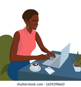 African business lady working with laptop. Realistic portrait of young woman boss, manager. Flat illustration on white background.