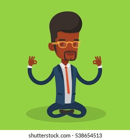 An african business man with eyes closed meditating in yoga lotus position. Business man relaxing in the yoga lotus position. Business man doing yoga. Vector flat design illustration. Square layout.