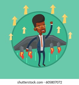 African business man flying with a jet backpack. Businessman flying on the business start up rocket. Business start up concept. Vector flat design illustration in the circle isolated on background.